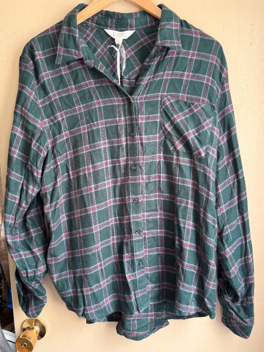 NWT Stitch Fix Market & Spruce Green Plaid Button Down Flannel Fall Cozy Vibes